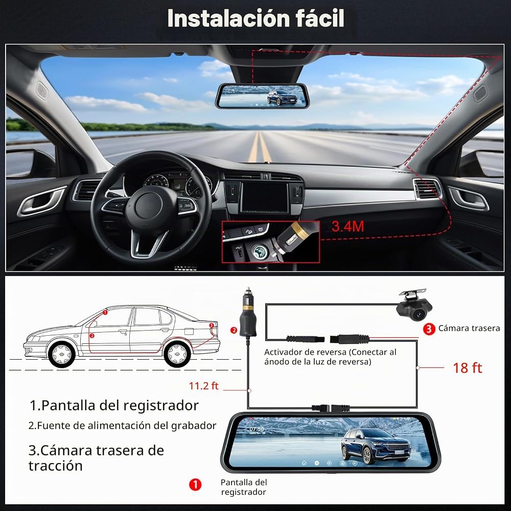 Espejo retrovisor 4 en 1 Pantalla Táctil